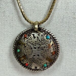 Vtg Tibetan Nepal Coral Turquoise Brass Filigree Double-sided Pendant Amulet Om